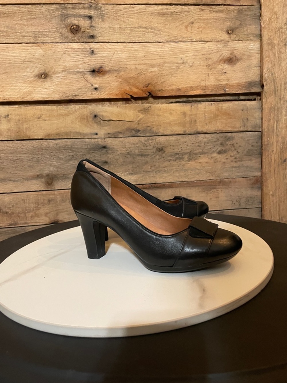 Clarks Artisan Black Leather Mid Block Heel Pump with Decorative Strap